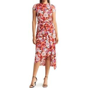 Donna Morgan Women's Floral Print Short Sleeve O-Ring Midi Dress Size 8 NWOT